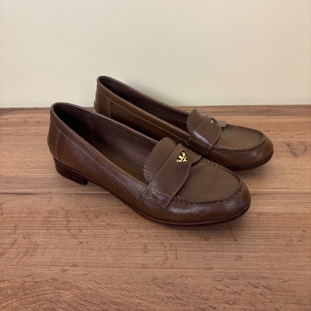 Tory Burch Brown Leather Loafers with Gold Logo Accent